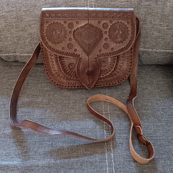 Moroccan Hand-Tooled Leather Pocketbook - Picture 1 of 14